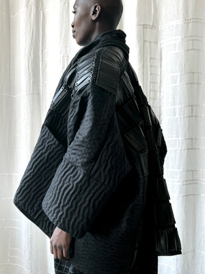 
                  
                    Load image into Gallery viewer, black quilted linen and leather jacket
                  
                