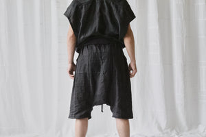 
                  
                    Load image into Gallery viewer, black linen long drop crotch shorts
                  
                