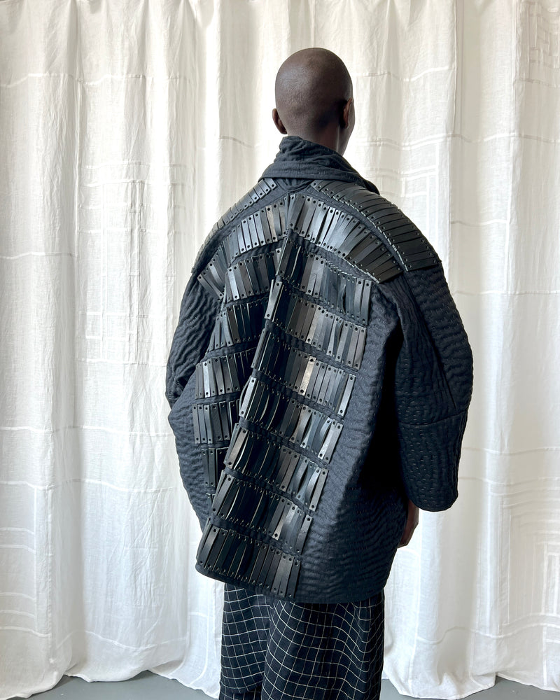 
                  
                    Load image into Gallery viewer, black quilted linen and leather jacket
                  
                
