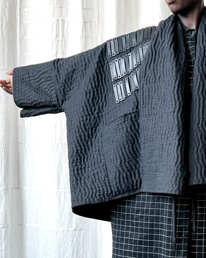
                  
                    Load image into Gallery viewer, black quilted linen and leather jacket
                  
                