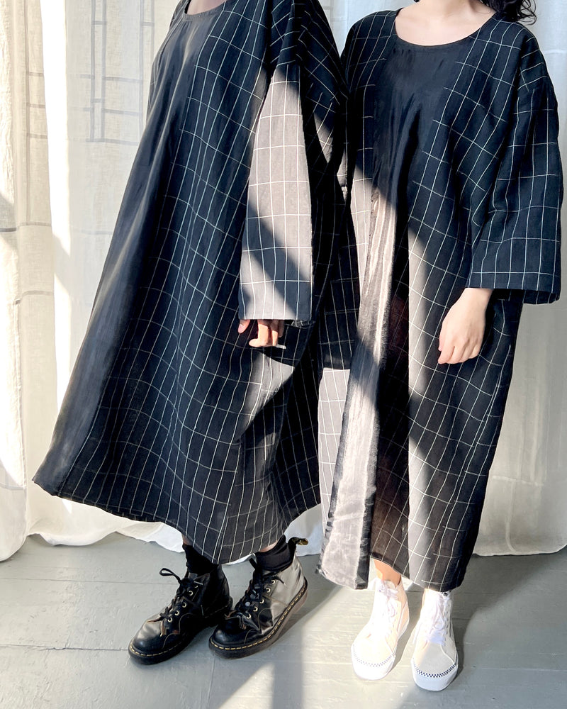 black grid linen and silk tunic